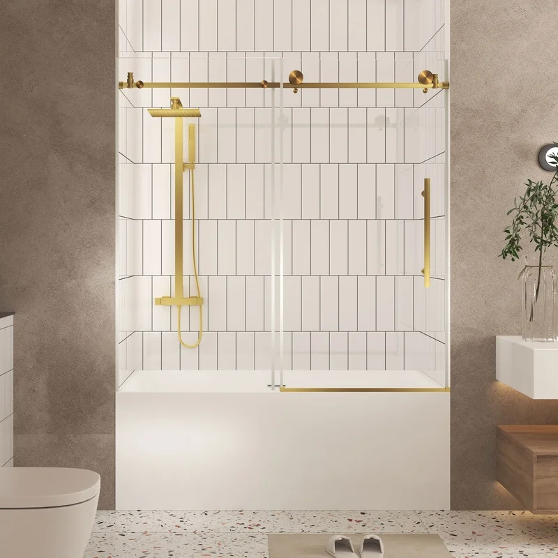 Frameless Shower Door 56-60" W x 60" H, 6mm Clear Tempered Glass, Safety Film, Stainless Steel Handle, Brushed Gold Finish
Frameless Shower Door 56-60" W x 60" H, 6mm Clear Tempered Glass, Safety Film, Stainless Steel Handle, Brushed Gold Finish