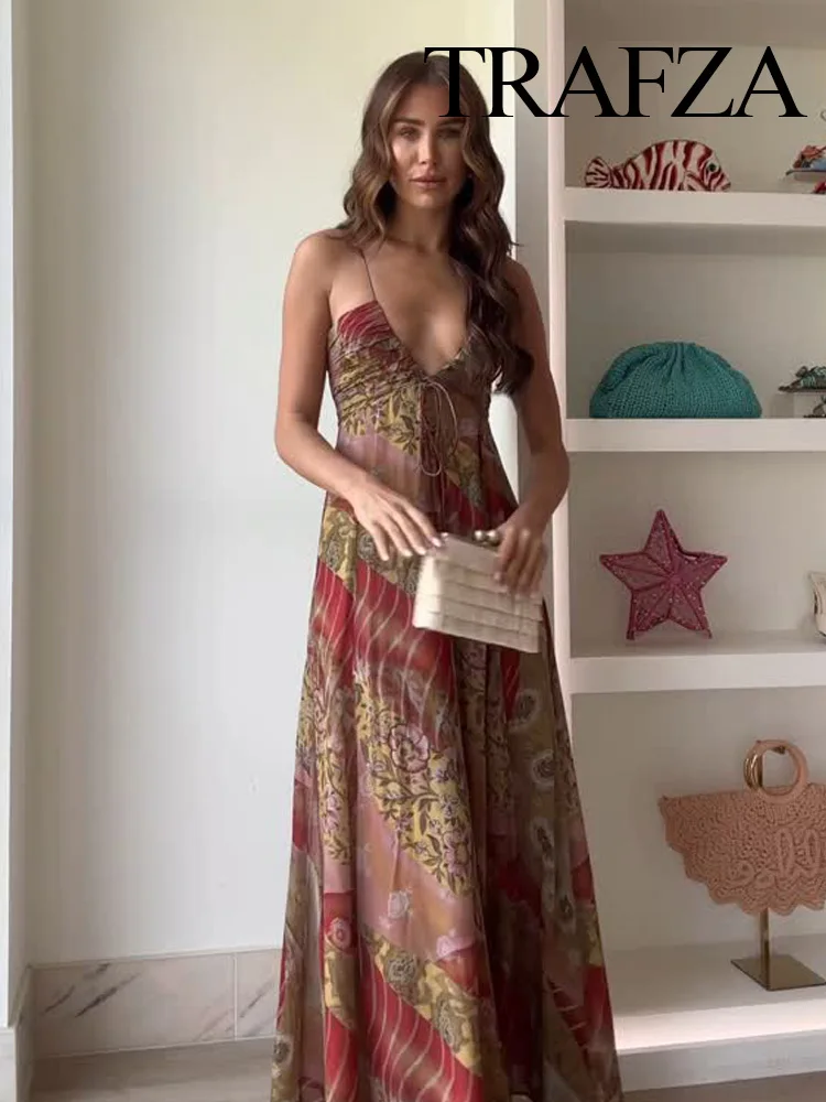 TRAFZA Women Fashion Sleeveless V-Neck Backless Lace-up Printed Sling Dress Female Back Zipper Pleated Slim Long Dress Mujer
TRAFZA Women Fashion Sleeveless V-Neck Backless Lace-up Printed Sling Dress Female Back Zipper Pleated Slim Long Dress Mujer