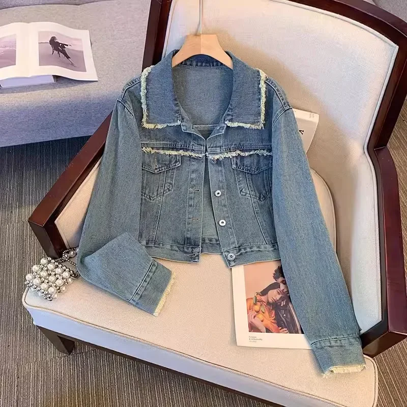 Fashion Frayed Burrs Lapel Short Jeans Jacket Vintage Washed Blue Cowboy Outerwear Women Casual Loose Long Sleeve Denim Jacket
Fashion Frayed Burrs Lapel Short Jeans Jacket Vintage Washed Blue Cowboy Outerwear Women Casual Loose Long Sleeve Denim Jacket