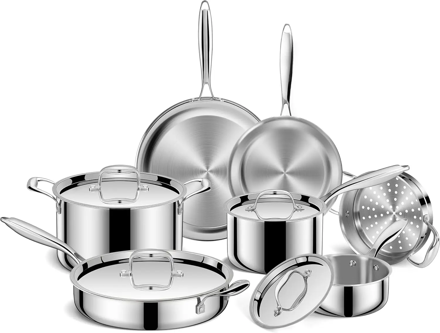 11-Piece Stainless Steel Cookware Set, 3-Ply Induction Compatible, Oven & Dishwasher Safe, PFOA-Free
11-Piece Stainless Steel Cookware Set, 3-Ply Induction Compatible, Oven & Dishwasher Safe, PFOA-Free