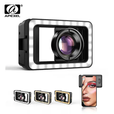 APEXEL New Upgrated 4k HD 100mm macro lens With LED Fill Light Universal Clamp Micro Lenses for iPhone Samsung all smartphones