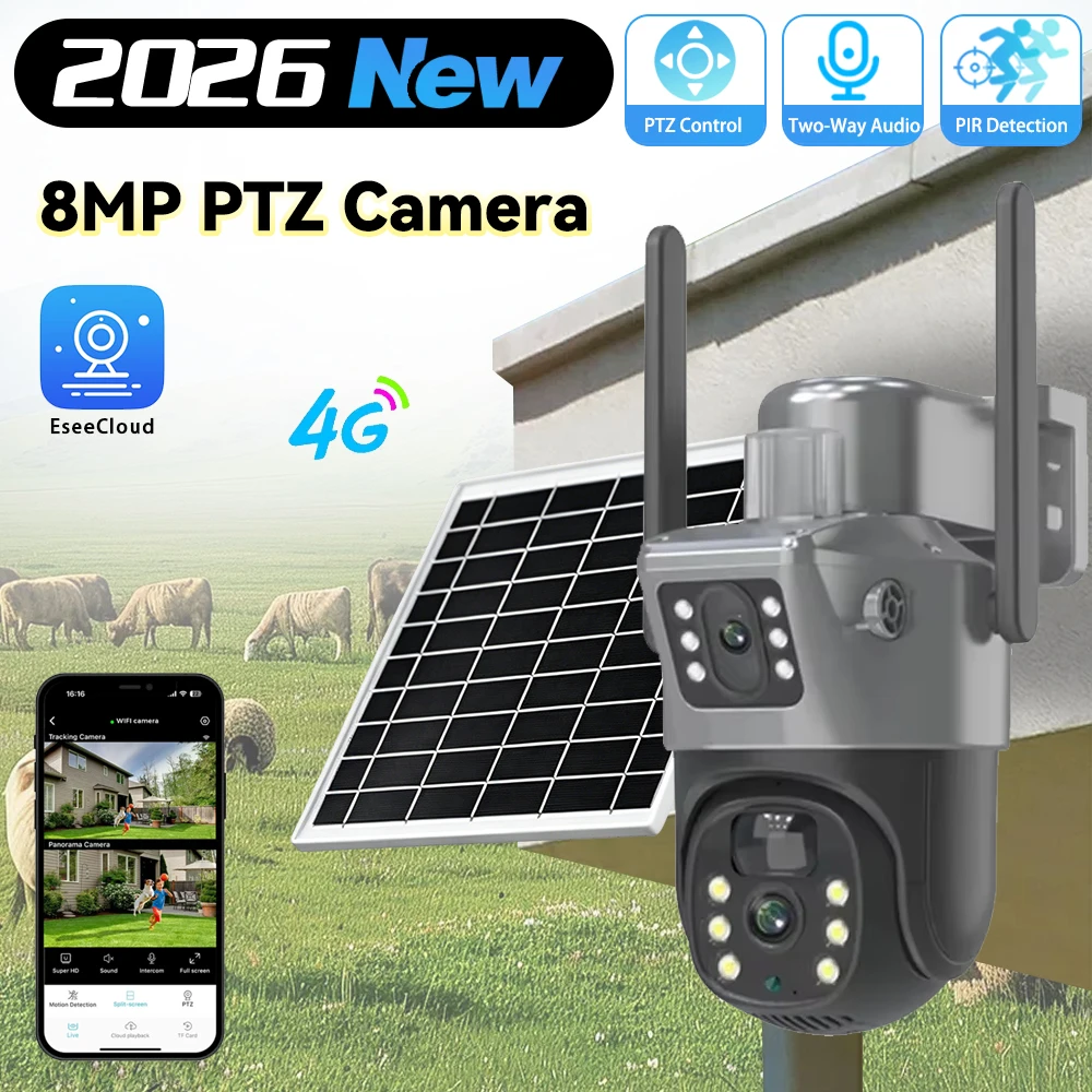 4G SIM Card Solar Camera Dual Lens Outdoor 8MP 4K Low Power Battery Camera PIR Night Vision EseeCloud CCTV Security Protection
4G SIM Card Solar Camera Dual Lens Outdoor 8MP 4K Low Power Battery Camera PIR Night Vision EseeCloud CCTV Security Protection