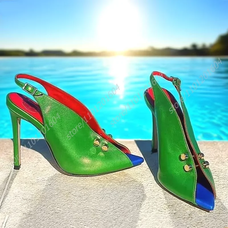 Green Leather Gold Metal Spikes Buckles Sandals Pointed Open Buckle Slingback Vacation Heels Red Blue Color Pump Stiletto Shoes
Green Leather Gold Metal Spikes Buckles Sandals Pointed Open Buckle Slingback Vacation Heels Red Blue Color Pump Stiletto Shoes