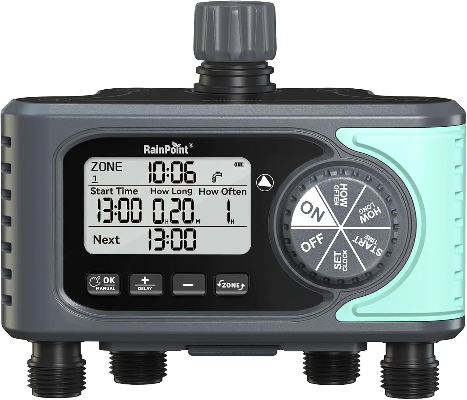 4-Zone Sprinkler Timer with Rain Delay, Manual & Auto Modes for Lawn Watering System
4-Zone Sprinkler Timer with Rain Delay, Manual & Auto Modes for Lawn Watering System