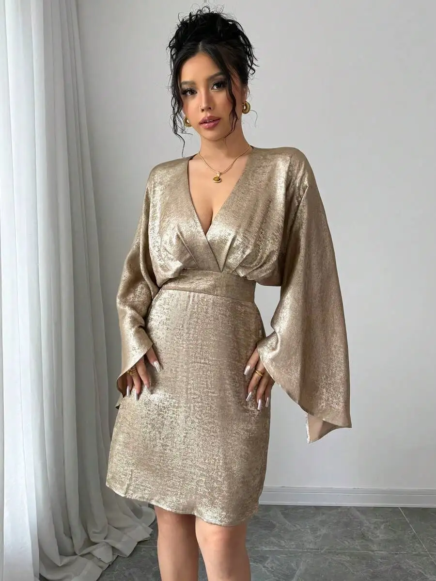 Elegant Metallic Foil V-Neck Short Dress With Asymmetric Sleeves For Party Commute Holiday
Elegant Metallic Foil V-Neck Short Dress With Asymmetric Sleeves For Party Commute Holiday