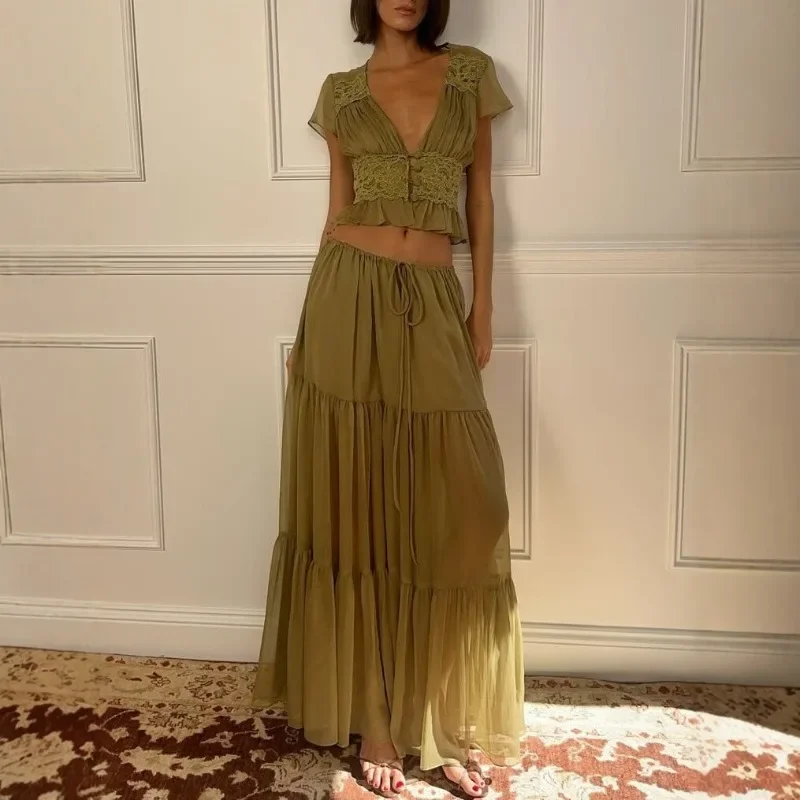 2026 New Lace Splicing Set Avocado Green Chiffon Short Top Half-length Skirt Two-piece Set
2026 New Lace Splicing Set Avocado Green Chiffon Short Top Half-length Skirt Two-piece Set