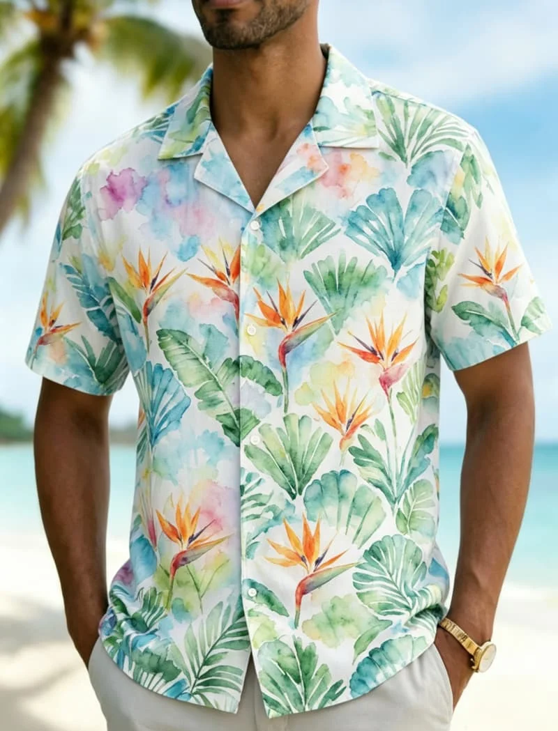 Men's watercolor art tropical casual Hawaiian shirt, for summer vacations, beach parties, daily wear, and weekend travel
Men's watercolor art tropical casual Hawaiian shirt, for summer vacations, beach parties, daily wear, and weekend travel