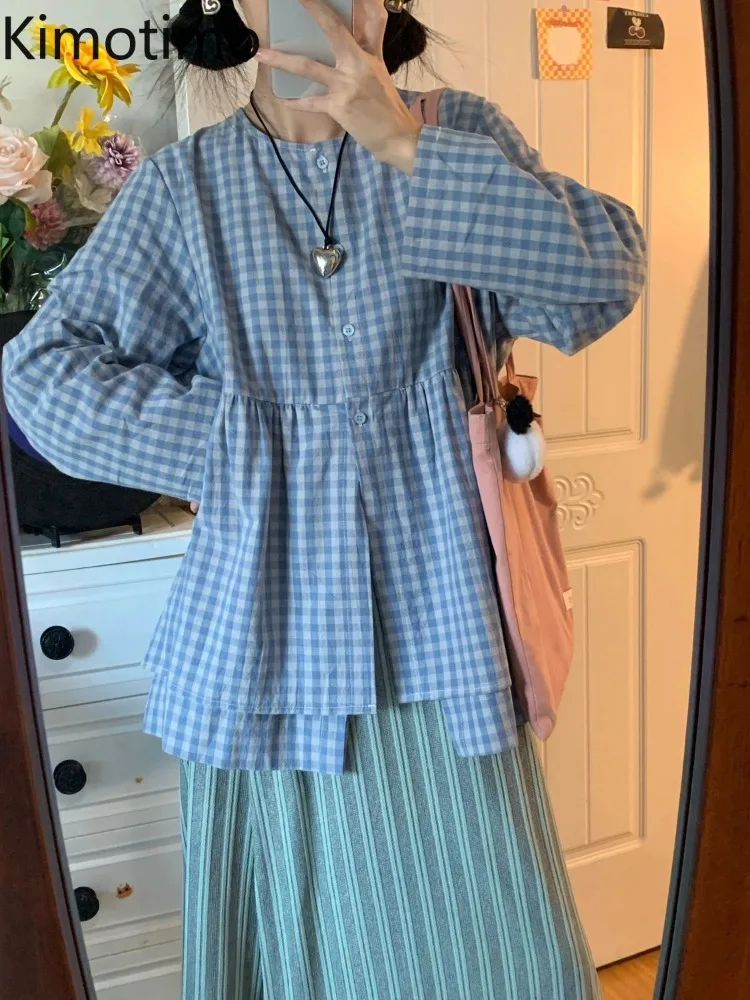 Kimotimo Blue Plaid Shirt Women Japanese Cute Round Neck Loose Split Design Blouses Spring Preppy Style Loose Long Sleeve Tops
Kimotimo Blue Plaid Shirt Women Japanese Cute Round Neck Loose Split Design Blouses Spring Preppy Style Loose Long Sleeve Tops