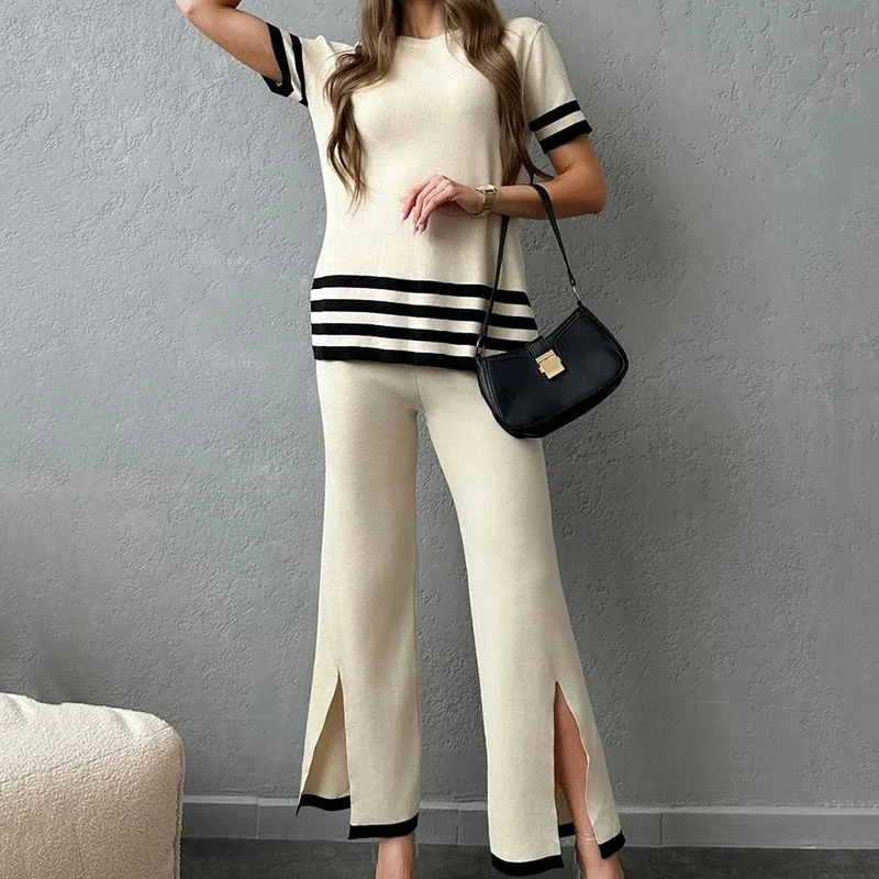2 Piece Sets Women Knitted Tops Outfit Summer New Fashion Stripe Short Sleeve Knitted Tops Suits Casual Loose Women's High Waist
2 Piece Sets Women Knitted Tops Outfit Summer New Fashion Stripe Short Sleeve Knitted Tops Suits Casual Loose Women's High Waist