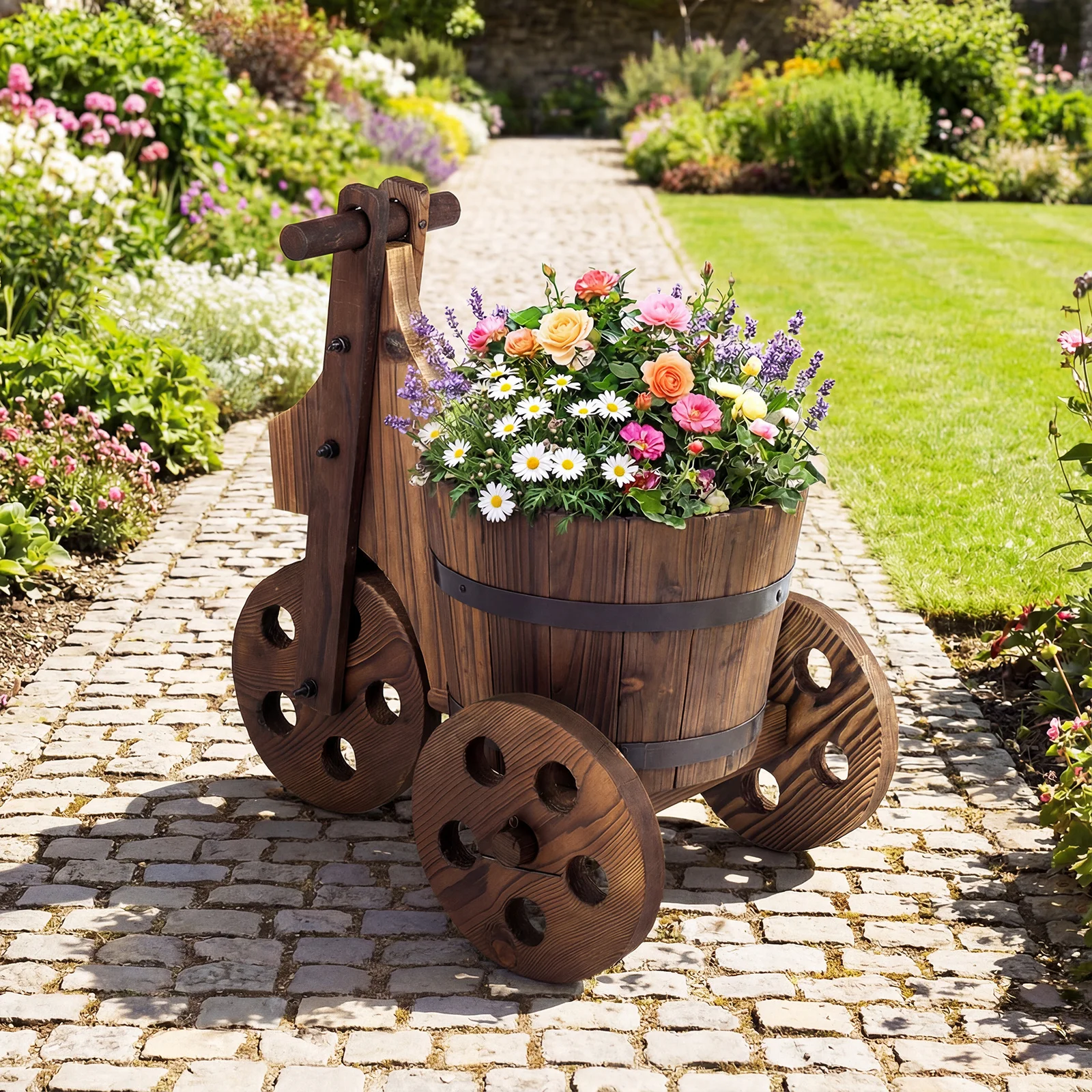 Barrel Tricycle Planter, Rustic Wooden Plant Stand with 3 Wheels & Drainage Hole, Indoor Outdoor Decorative Planter for Flowers
Barrel Tricycle Planter, Rustic Wooden Plant Stand with 3 Wheels & Drainage Hole, Indoor Outdoor Decorative Planter for Flowers