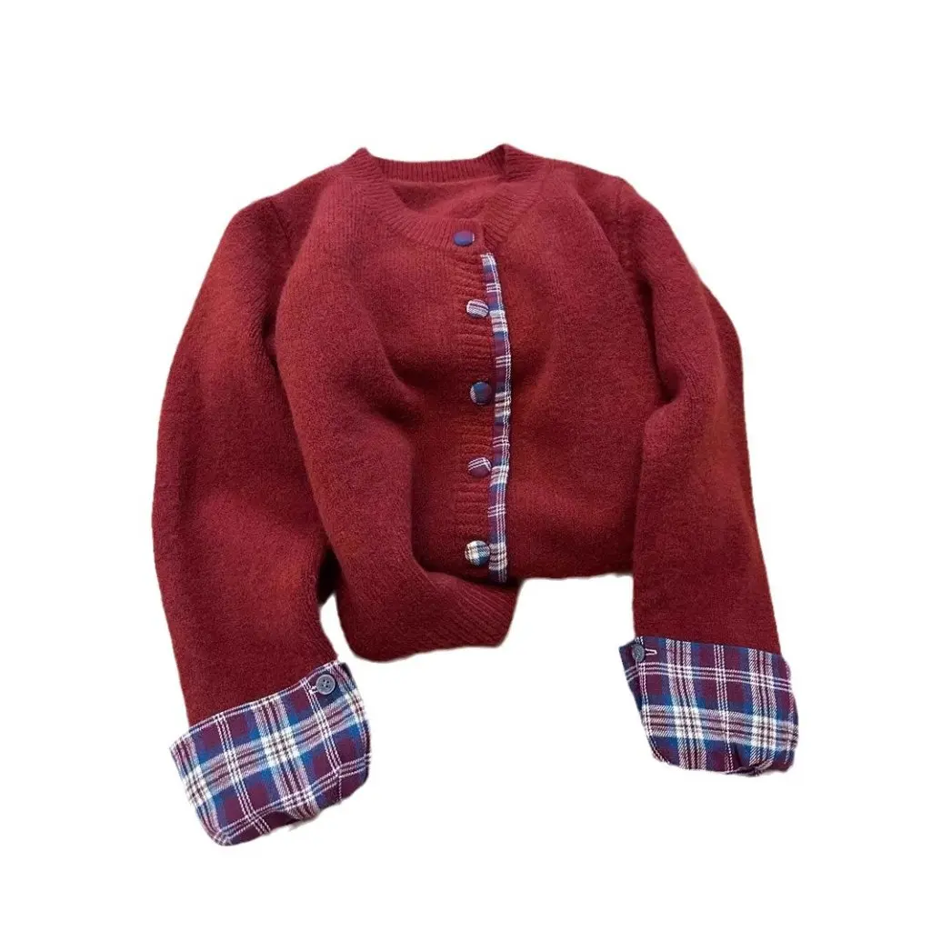 Women's Korean Style Plaid Knitted Cardigan Loose Casual round Neck Stitched Sweater Autumn Winter New Top Fashion
Women's Korean Style Plaid Knitted Cardigan Loose Casual round Neck Stitched Sweater Autumn Winter New Top Fashion