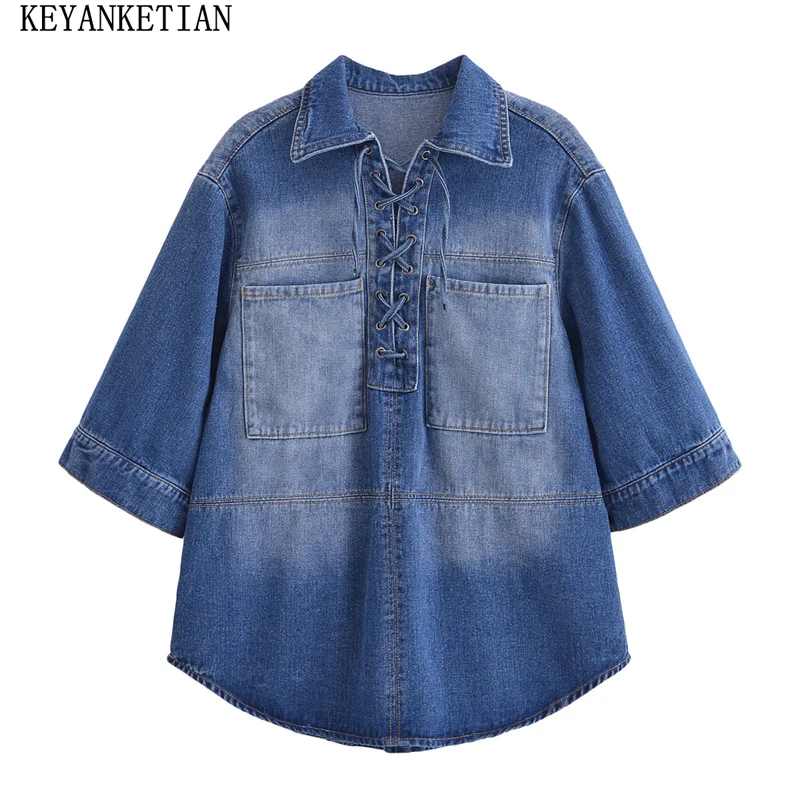 KEYANKETIAN 2025 Spring New Women's Bandage Turn Down Collar Denim Shirt Leisure style Flare sleeve Pockets Loose Blouse Top
KEYANKETIAN 2025 Spring New Women's Bandage Turn Down Collar Denim Shirt Leisure style Flare sleeve Pockets Loose Blouse Top