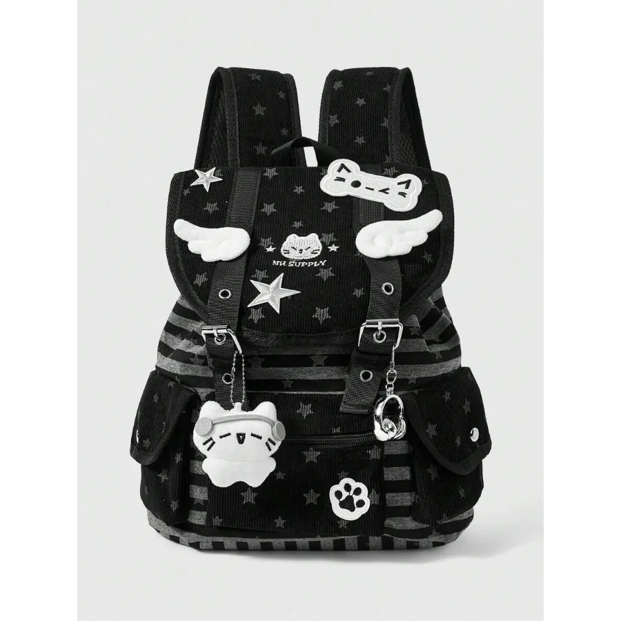 Grunge Punk 1Pc Punk College Style Kitten Star Wings Cat Paw Decorative Design Multi-Pocket Striped Star Black Backpack Fashion
Grunge Punk 1Pc Punk College Style Kitten Star Wings Cat Paw Decorative Design Multi-Pocket Striped Star Black Backpack Fashion