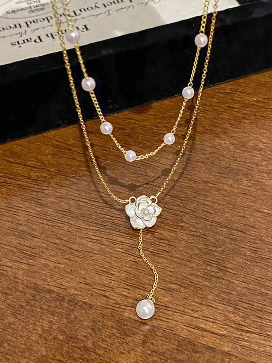 1pc Gold Double Layer Camellia Faux Pearl Necklace, Elegant Camellia Faux Pearl Tassel Choker Necklace, Stylish Bridal Wedding N
1pc Gold Double Layer Camellia Faux Pearl Necklace, Elegant Camellia Faux Pearl Tassel Choker Necklace, Stylish Bridal Wedding N