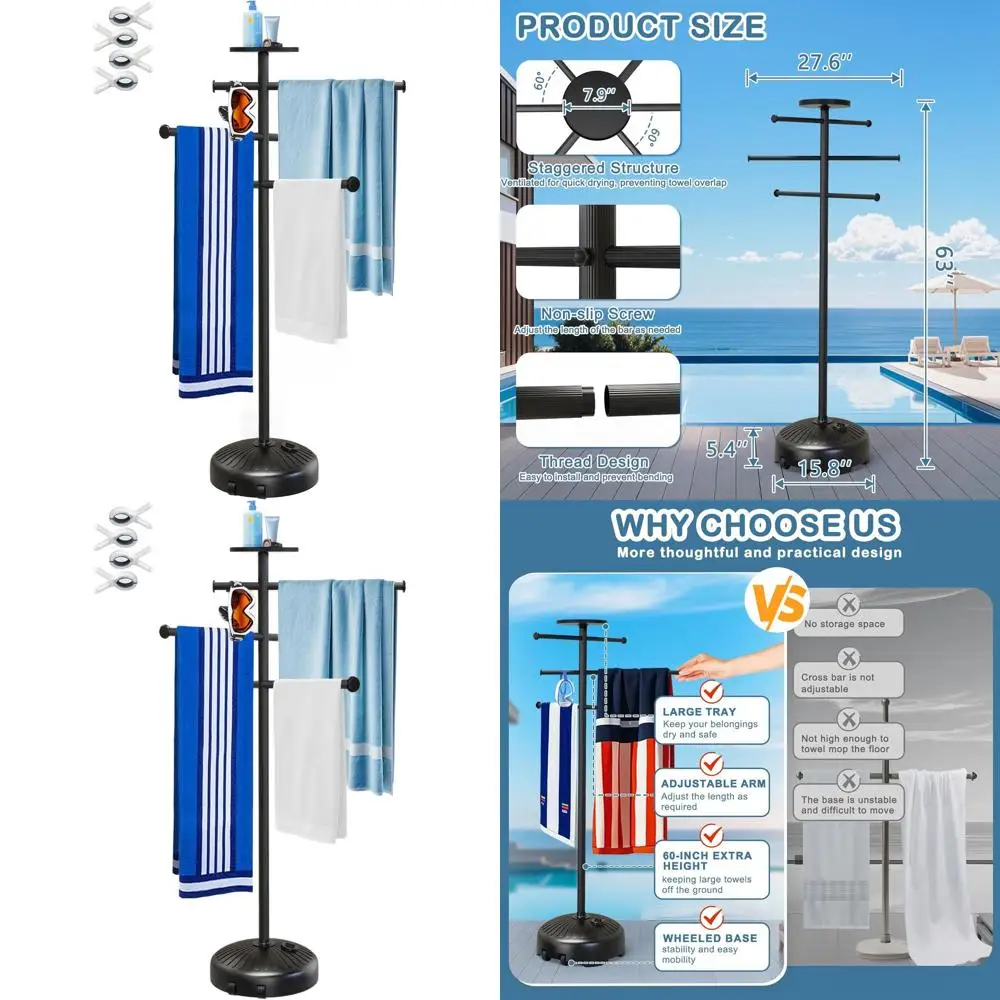 63 Portable Rolling Towel Rack for Indoor/Outdoor Use, 6-Tier Storage, Ideal for Pool, Spa, Hot Tub Accessories
63 Portable Rolling Towel Rack for Indoor/Outdoor Use, 6-Tier Storage, Ideal for Pool, Spa, Hot Tub Accessories