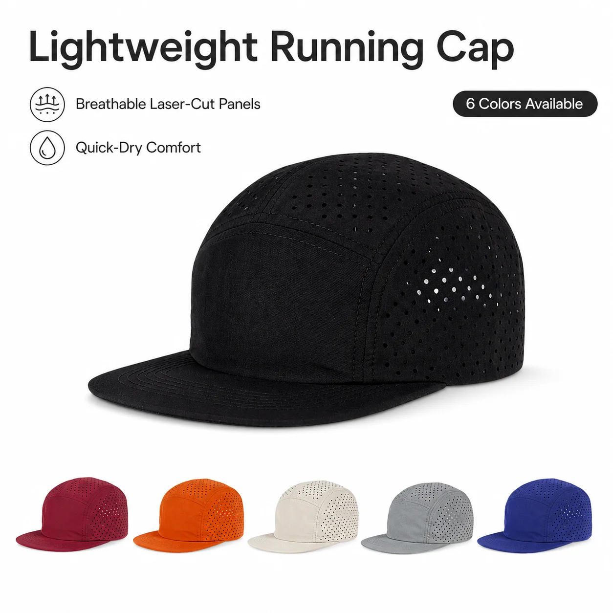 Quick-Dry 5 Panel Running Cap Laser Cut Perforated Breathable Sport Hat Ultra-Lightweight Soft Top Baseball Cap for Men Women
Quick-Dry 5 Panel Running Cap Laser Cut Perforated Breathable Sport Hat Ultra-Lightweight Soft Top Baseball Cap for Men Women