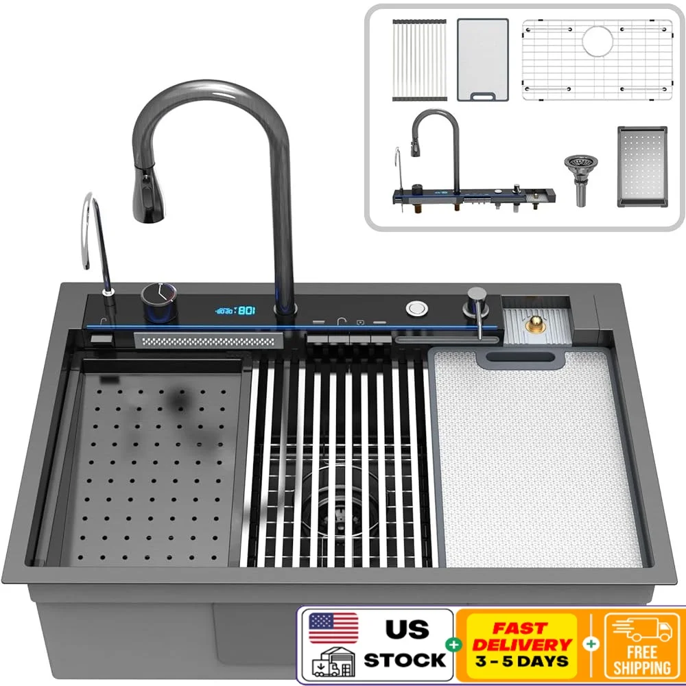 Multifunctional Black Drop In Waterfall Kitchen Sink with Digital Display Ambient Light Workstation and Integrated Faucet System
Multifunctional Black Drop In Waterfall Kitchen Sink with Digital Display Ambient Light Workstation and Integrated Faucet System