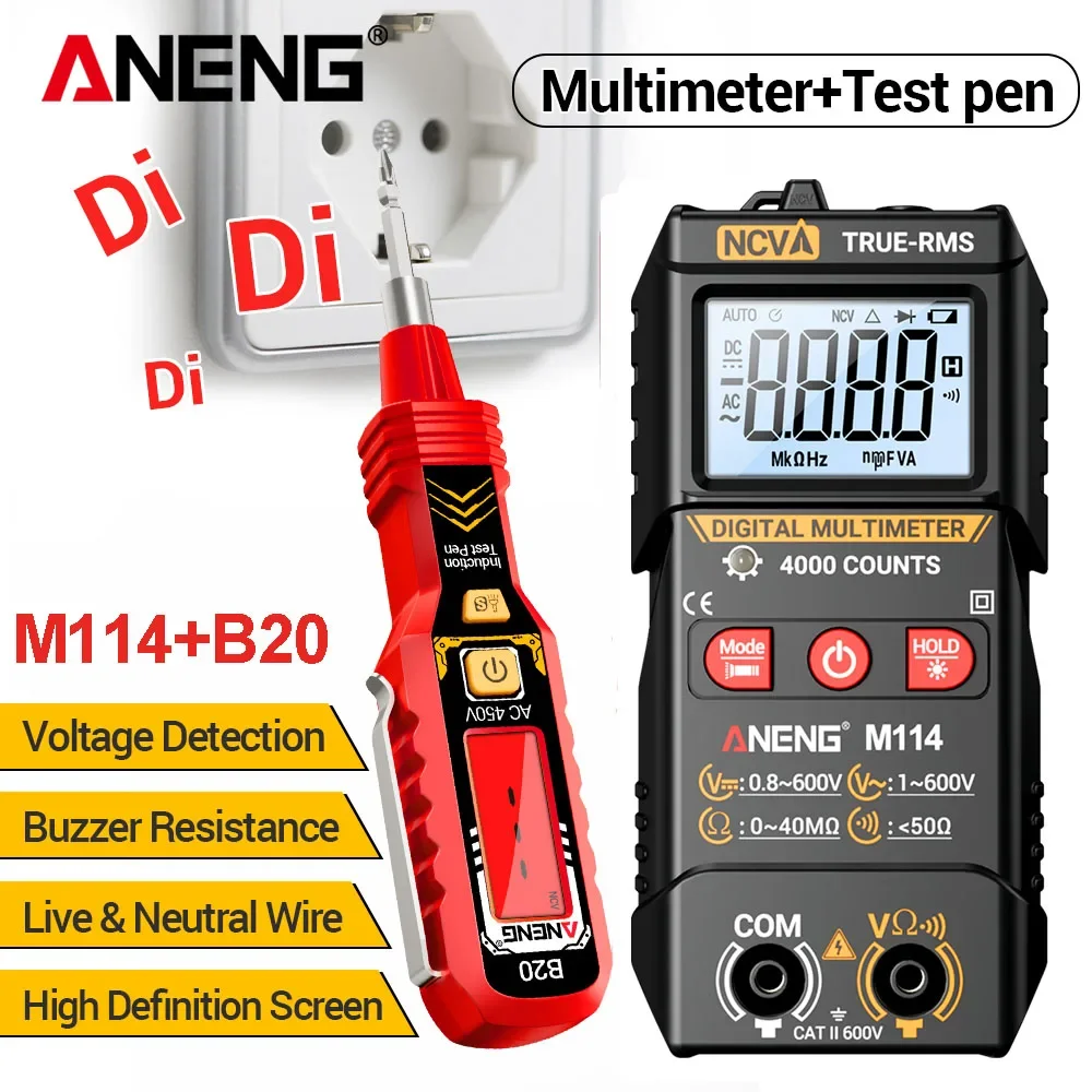 ANENG M114 Digital Multimeter 4000 Counts NCV Auto Range 600V AC/DC Voltage Tester 40MΩ Resistance Meter with Flashlight Backlig
ANENG M114 Digital Multimeter 4000 Counts NCV Auto Range 600V AC/DC Voltage Tester 40MΩ Resistance Meter with Flashlight Backlig
