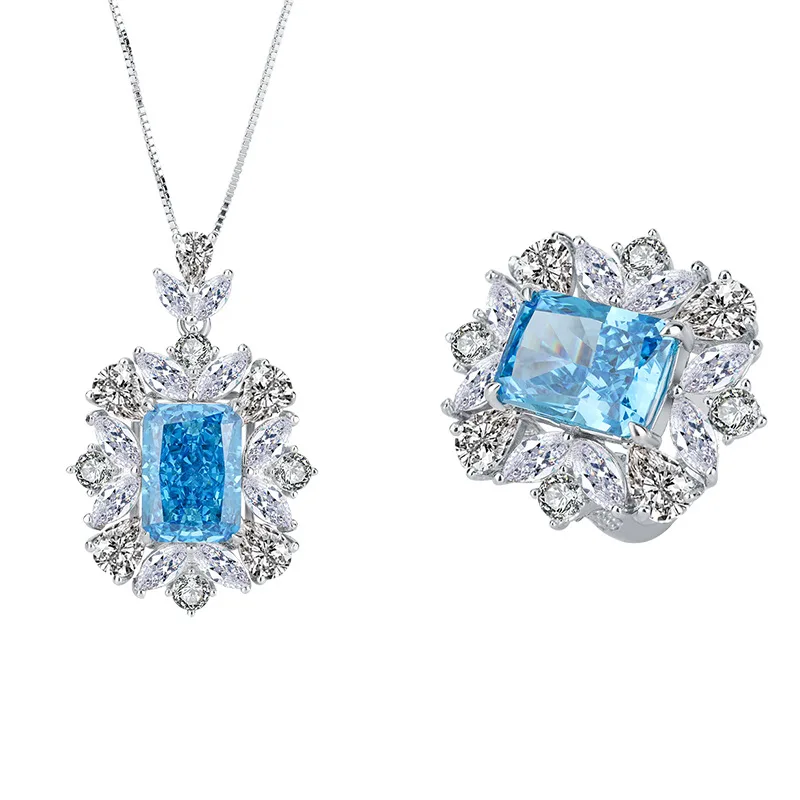 New fashion trend S925 silver inlaid 5A zircon ladies personality sea blue pendant necklace ring set
New fashion trend S925 silver inlaid 5A zircon ladies personality sea blue pendant necklace ring set