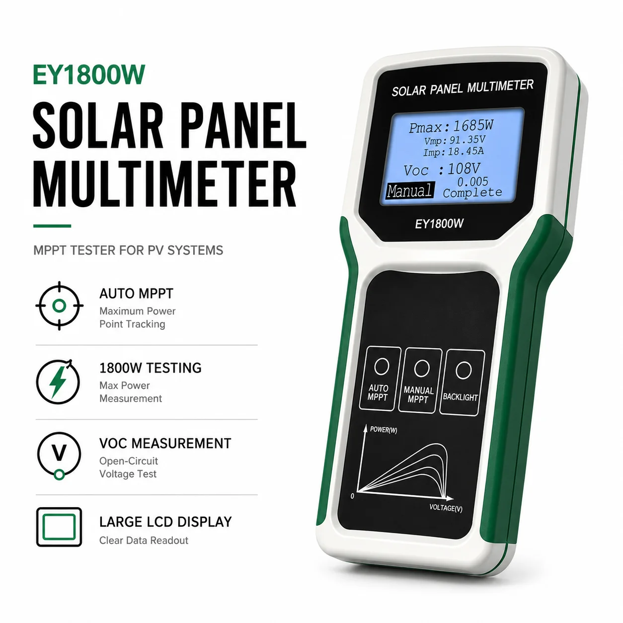 1800W Solar Panel Tester MPPT Photovoltaic Multimeter & Watt Meter Smart Portable Tool for Solar PV Panel Data & Troubleshoot
1800W Solar Panel Tester MPPT Photovoltaic Multimeter & Watt Meter Smart Portable Tool for Solar PV Panel Data & Troubleshoot
