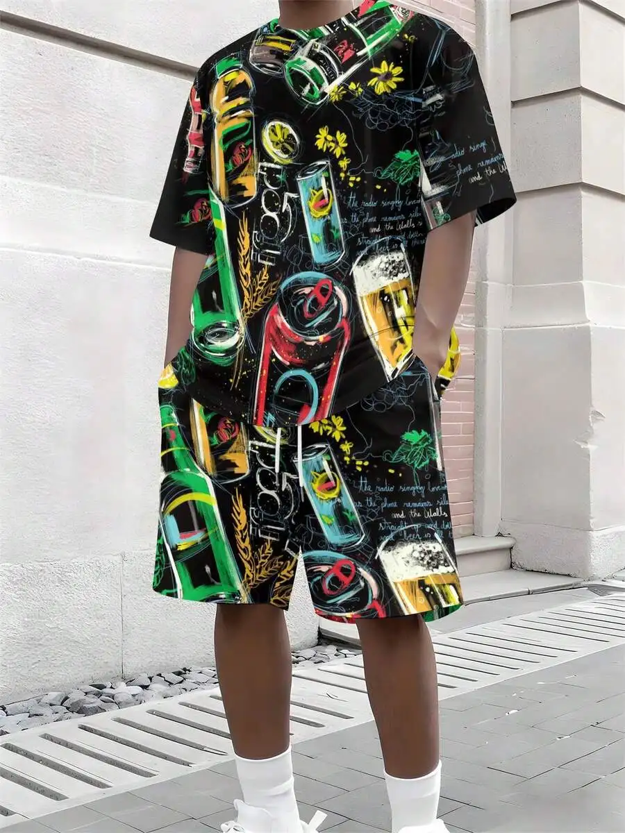 Mens Two-Piece Set Artistic Retro Short Sleeve T-Shirt And Shorts With Beer Graffiti Pattern Black Background
Mens Two-Piece Set Artistic Retro Short Sleeve T-Shirt And Shorts With Beer Graffiti Pattern Black Background