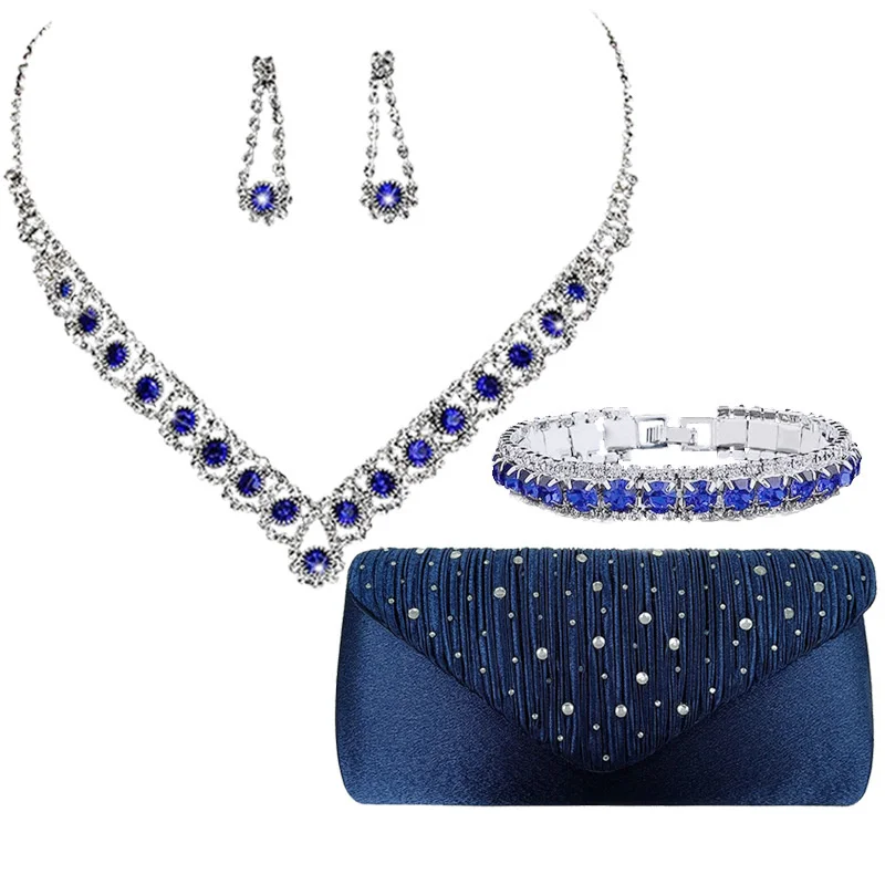 Wedding Party Women's Jewelry Bag Set Satin Rhinestone Clutch Bag Elegant Ladies Evening Bags Pleated Flap Dark Navy Purse
Wedding Party Women's Jewelry Bag Set Satin Rhinestone Clutch Bag Elegant Ladies Evening Bags Pleated Flap Dark Navy Purse