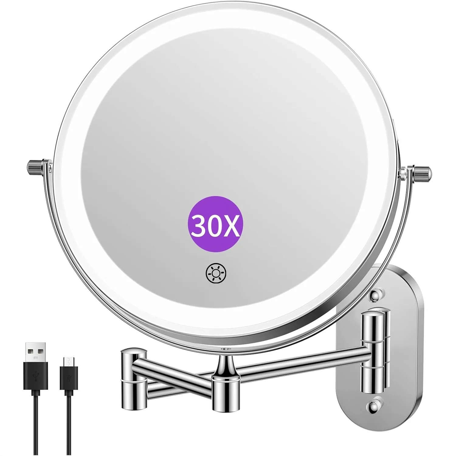 5000mAh Rechargeable Wall Mounted Makeup Mirror With Double Sided 1X 30X Magnifying 3 Color Lighting Touch Screen Dimming Extended Arm 360 Rotation For Bathroom
5000mAh Rechargeable Wall Mounted Makeup Mirror With Double Sided 1X 30X Magnifying 3 Color Lighting Touch Screen Dimming Extended Arm 360 Rotation For Bathroom