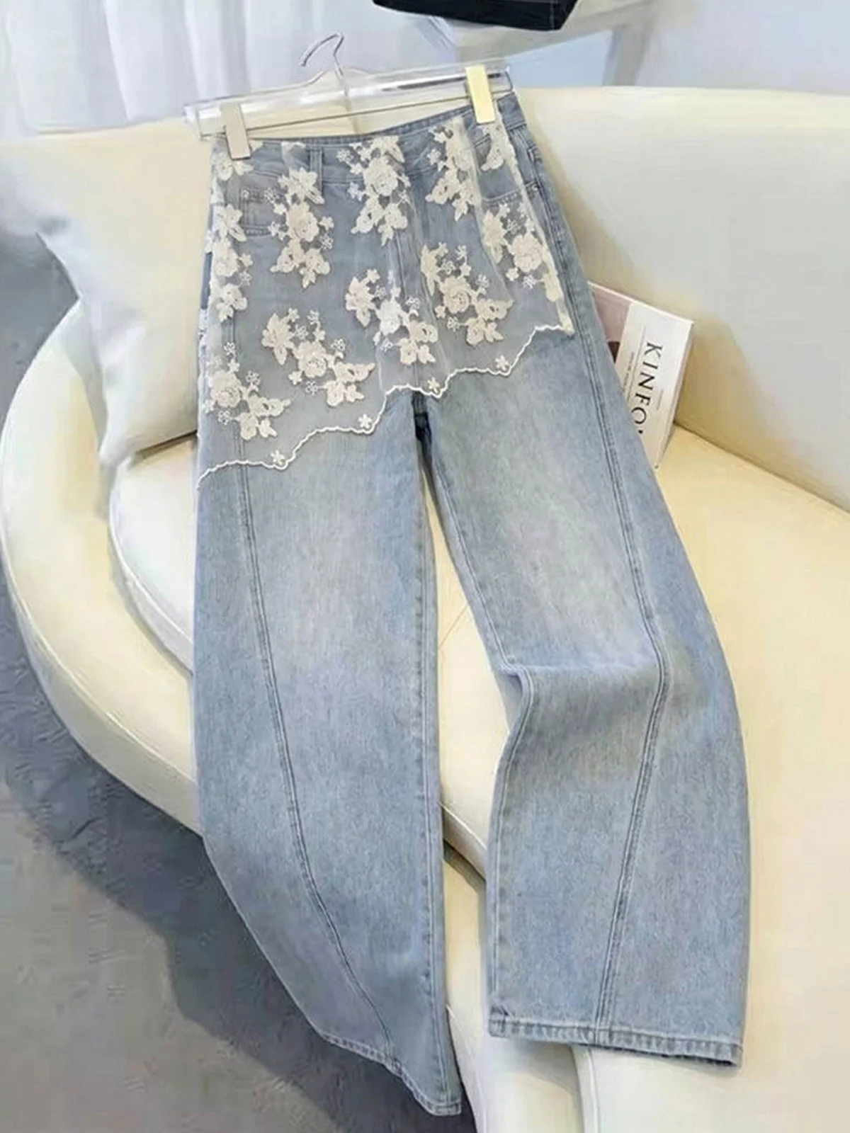 Light Blue Lace Wide Leg Jeans Women's Summer High Waist Slimming Drapey Loose Knife Pants Casual Style High Waist Jeans
Light Blue Lace Wide Leg Jeans Women's Summer High Waist Slimming Drapey Loose Knife Pants Casual Style High Waist Jeans
