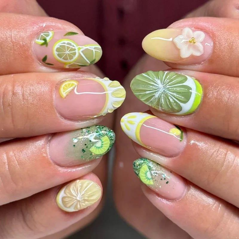 24PCS Summer Fresh Green Almond Press on Nails 3D Lemon Sweet Flowers French Fake Nails for Women Wearable Simple Acrylic Nails
24PCS Summer Fresh Green Almond Press on Nails 3D Lemon Sweet Flowers French Fake Nails for Women Wearable Simple Acrylic Nails