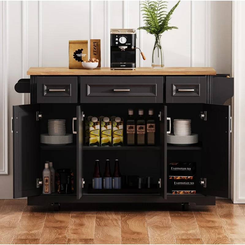 54" Kitchen Island with Drop Leaf, Rolling Cart with 4 Doors and 3 Drawers, Black Rubber Wood Storage Cabinet for Kitchen or Dining Room
54" Kitchen Island with Drop Leaf, Rolling Cart with 4 Doors and 3 Drawers, Black Rubber Wood Storage Cabinet for Kitchen or Dining Room
