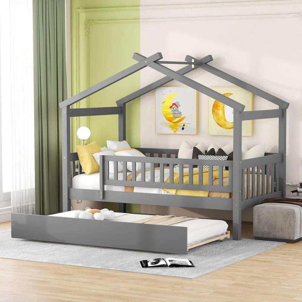 Twin Size Wooden House Bed with Twin Size Trundle, Wood Bed Frame with Roof and Safety Guardrail for Kids, Teens,
Twin Size Wooden House Bed with Twin Size Trundle, Wood Bed Frame with Roof and Safety Guardrail for Kids, Teens,