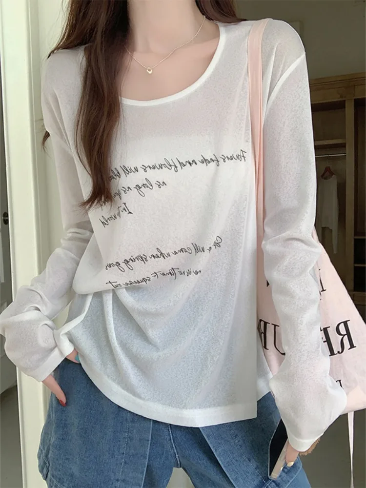 Women 2024 Korean Chic Design Sense Slightly Transparent Thin Tees Long sleeve Sun Protection T-shirt Summer New Letter Top
Women 2024 Korean Chic Design Sense Slightly Transparent Thin Tees Long sleeve Sun Protection T-shirt Summer New Letter Top