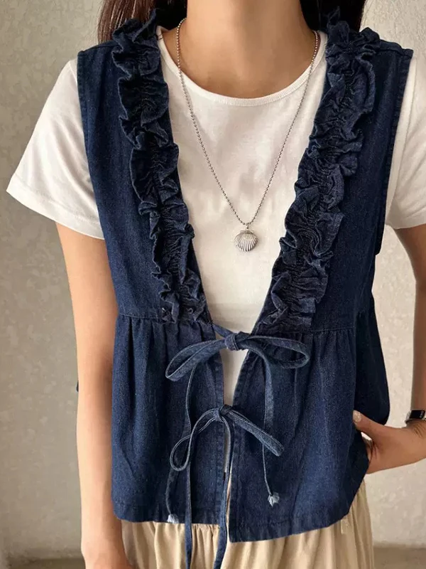 Korean Sweet Wood Ear Bounded V-Neck Denim Vest Women's Design Knot Tied Layered Top Cotton Blend Splice
Korean Sweet Wood Ear Bounded V-Neck Denim Vest Women's Design Knot Tied Layered Top Cotton Blend Splice