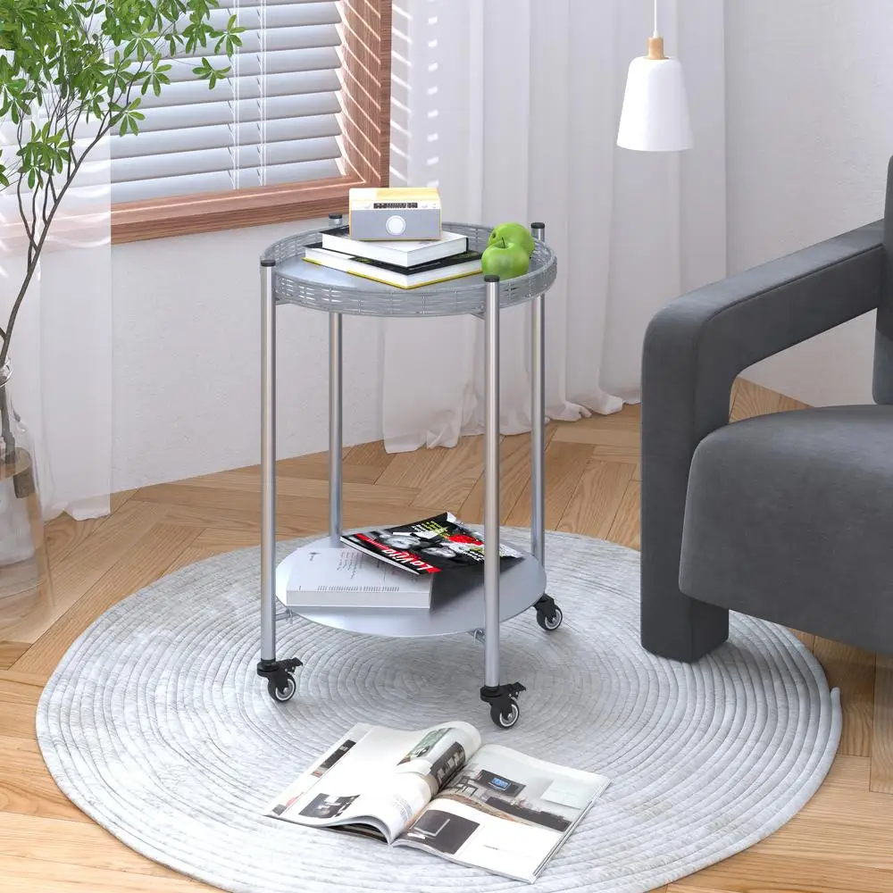Movable Round Coffee Table 2-Tier Metal Side End Table with Wheels Silver Gray Bedside Nightstand for Living Room Sofa Bedroom
Movable Round Coffee Table 2-Tier Metal Side End Table with Wheels Silver Gray Bedside Nightstand for Living Room Sofa Bedroom