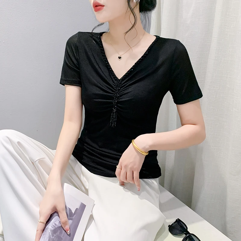 Black Summer Korean Style T-Shirt Fashion Sexy V-Neck Draped Shiny Beading Women's Tops Short Sleeve Casual Tees 2025 New 44256
Black Summer Korean Style T-Shirt Fashion Sexy V-Neck Draped Shiny Beading Women's Tops Short Sleeve Casual Tees 2025 New 44256