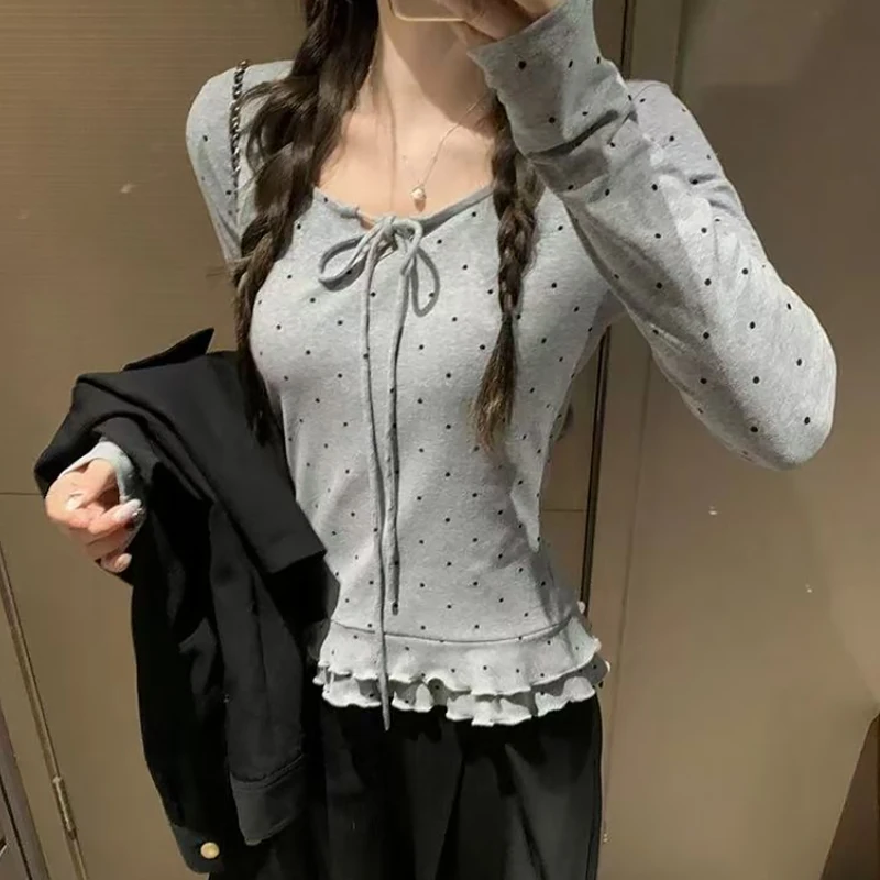 Корейская милая универсальная повседневная футболка с длинными рукавами и принтом в горошек для женщин
Корейская милая универсальная повседневная футболка с длинными рукавами и принтом в горошек для женщин