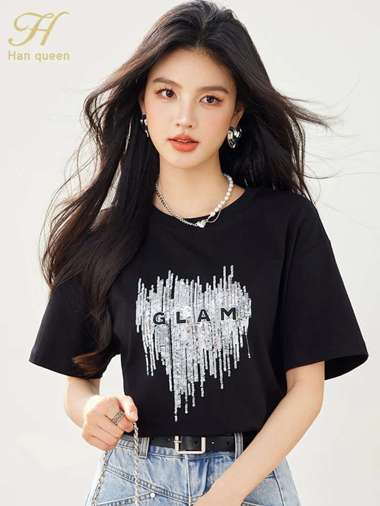 H Han Queen 2025 Summer Clothes Short Sleeve Vintage Elegant Cotton Top Korean Sequin Women Simple Basics Casual Vintage T-Shirt
H Han Queen 2025 Summer Clothes Short Sleeve Vintage Elegant Cotton Top Korean Sequin Women Simple Basics Casual Vintage T-Shirt