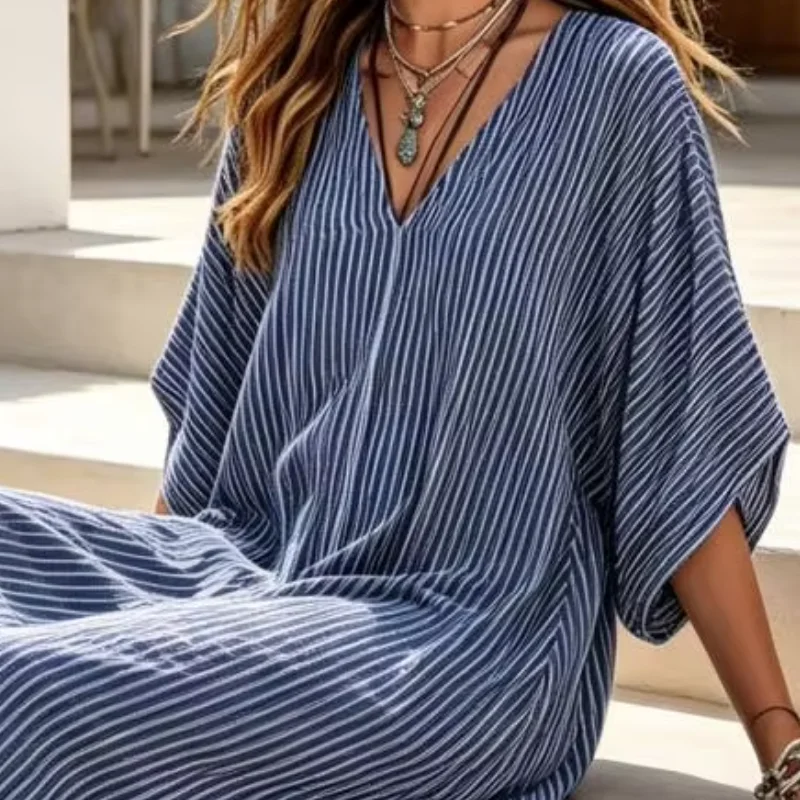 Women V-Neck Striped Dress,Breathable Half Sleeve Casual Dress, Ankle Length Loose Swing Dress for Vacation Daily Wear
Women V-Neck Striped Dress,Breathable Half Sleeve Casual Dress, Ankle Length Loose Swing Dress for Vacation Daily Wear