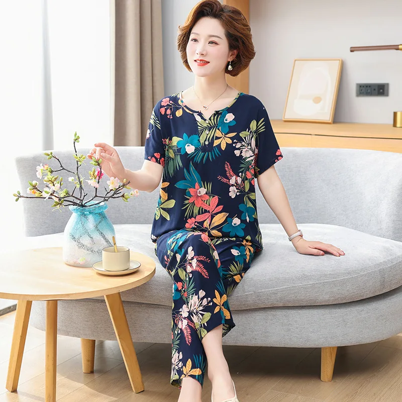 Cotton and Silk Suit Women's Summer Short-sleeved Trousers Two-piece Set Cotton and Silk Women's Loungewear Sleepwear Women
Cotton and Silk Suit Women's Summer Short-sleeved Trousers Two-piece Set Cotton and Silk Women's Loungewear Sleepwear Women