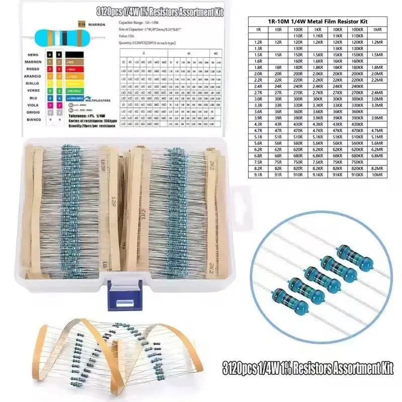 3120PCS 156-Value 1/4W Metal Film Resistor Assortment Kit, 1% Precision 0.25W, 1Ω to 10MΩ Resistor Sample Set
3120PCS 156-Value 1/4W Metal Film Resistor Assortment Kit, 1% Precision 0.25W, 1Ω to 10MΩ Resistor Sample Set