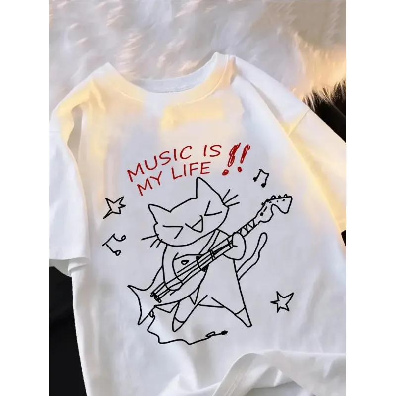 “Music Is My Life” Cat-Print T-Shirt Breathable Cotton Comfort Edition Crew Neck Women's T-Shirt Cute Loose-Fit Casual T-Shirt
“Music Is My Life” Cat-Print T-Shirt Breathable Cotton Comfort Edition Crew Neck Women's T-Shirt Cute Loose-Fit Casual T-Shirt