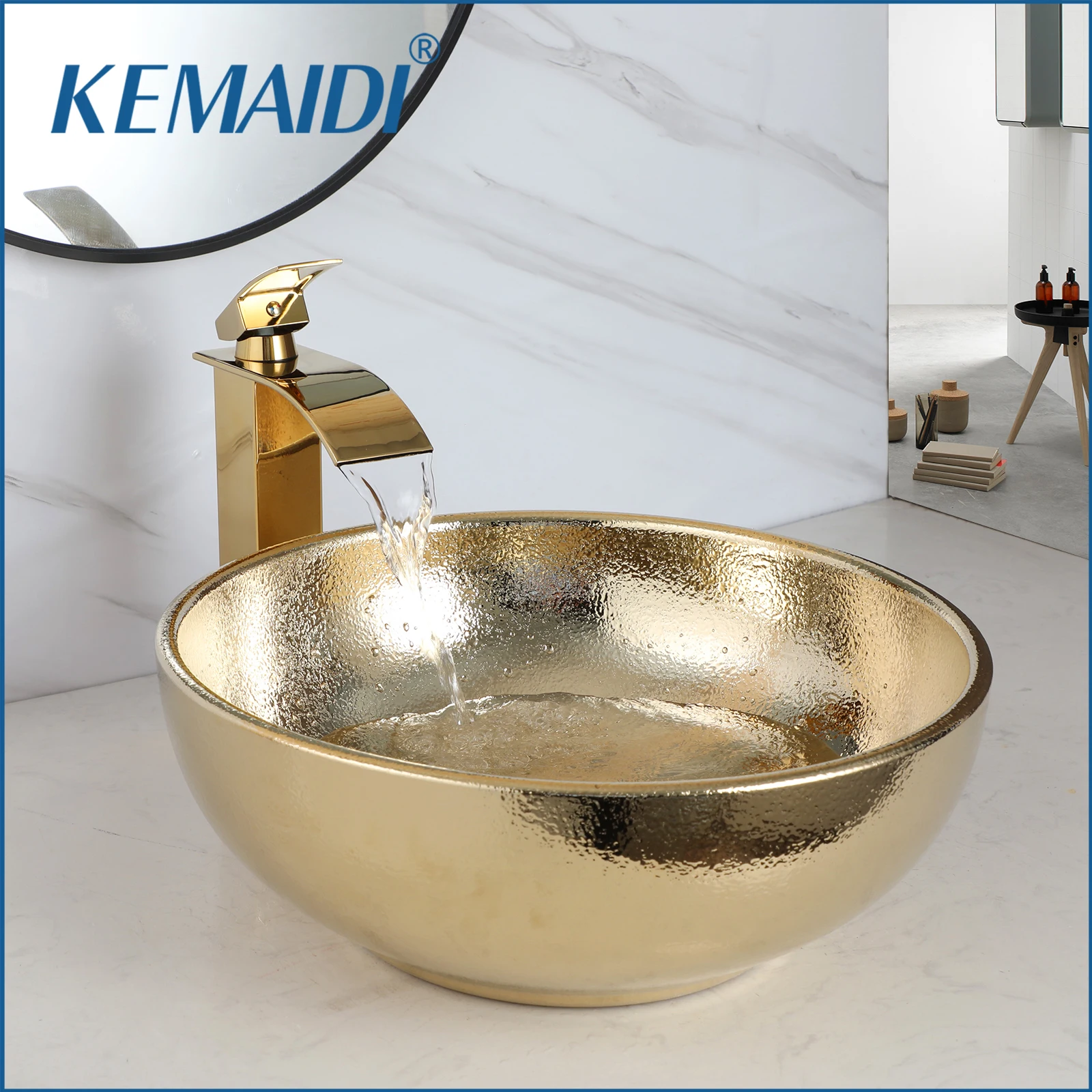 KEMAIDI Gold Ceramic Vessel Sink with Faucet Combo Rounf Bathroom Sink Above Counter Basin Bowl Sinks for Bathroom,Hotel,Gargen
KEMAIDI Gold Ceramic Vessel Sink with Faucet Combo Rounf Bathroom Sink Above Counter Basin Bowl Sinks for Bathroom,Hotel,Gargen