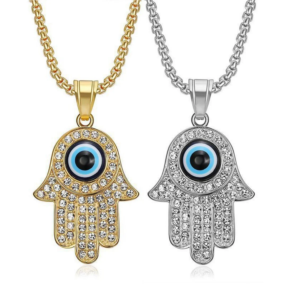 Hiphop Iced Out Hamsa Hand of Fatima Pendant Gold Color Stainless Steel Evil Eye Palm Amulet Necklace for Woman Man Jewelry Gift
Hiphop Iced Out Hamsa Hand of Fatima Pendant Gold Color Stainless Steel Evil Eye Palm Amulet Necklace for Woman Man Jewelry Gift