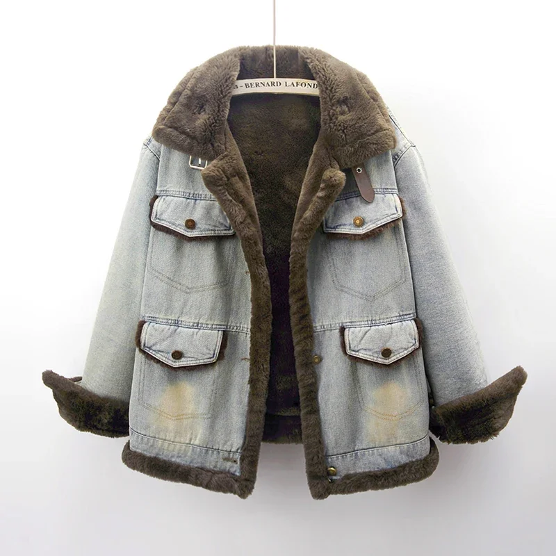 Winter Thick Faux Mink Cashmere Denim Jacket Women Cowboy Outerwear Vintage Loose Big Pocket Stand Collar Jeans Jacket Female
Winter Thick Faux Mink Cashmere Denim Jacket Women Cowboy Outerwear Vintage Loose Big Pocket Stand Collar Jeans Jacket Female