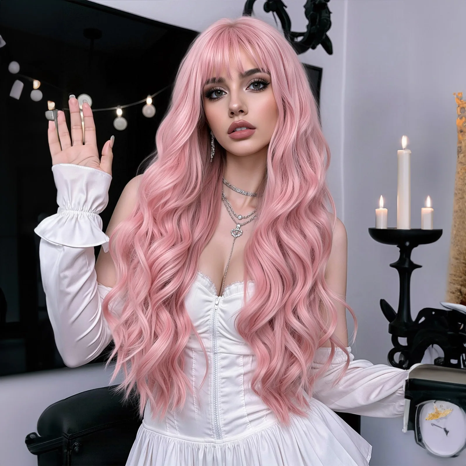 Длинный волнистый парик на Хэллоуин, розовые синтетические парики с волнистыми волнами и челкой для женщин Dalily, вечерние вьющиеся накладные волосы, термостойкие 
Длинный волнистый парик на Хэллоуин, розовые синтетические парики с волнистыми волнами и челкой для женщин Dalily, вечерние вьющиеся накладные волосы, термостойкие