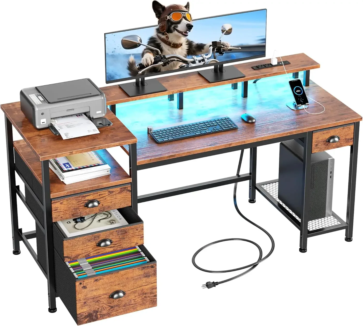 60" Computer Desk with File Cabinet and Storage Shelves, Reversible Home Office Desk with LED Lights, Full Monitor Stand, Power
60" Computer Desk with File Cabinet and Storage Shelves, Reversible Home Office Desk with LED Lights, Full Monitor Stand, Power