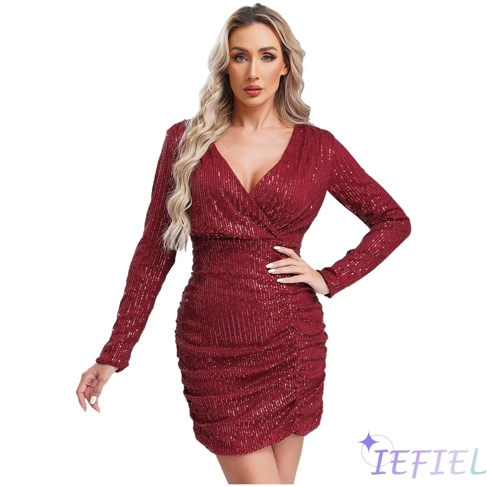 Womens Glitter Sequin Mini Dress Wrap Bodycon Short Dress Deep V Neck High Waist Ruched Ball Gown for Cocktails Club Disco Party
Womens Glitter Sequin Mini Dress Wrap Bodycon Short Dress Deep V Neck High Waist Ruched Ball Gown for Cocktails Club Disco Party