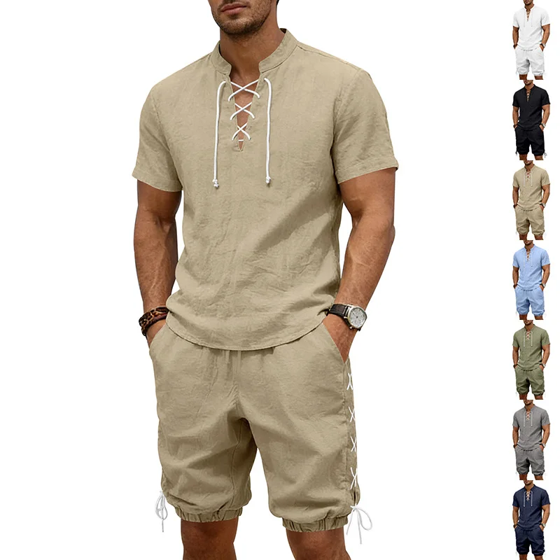 Men Linen Lace Up Stand Collar Short Sleeve Top Drawstring Cuff Shorts 2 Piece Summer Beach Suit
Men Linen Lace Up Stand Collar Short Sleeve Top Drawstring Cuff Shorts 2 Piece Summer Beach Suit