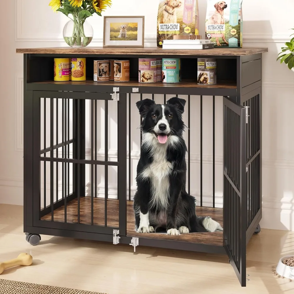 39.4" Dog Crate Furniture for Medium and Large Breed, Dog Kennel Furniture with Storage Shelf & Lockable Wheels, Heavy Duty Wood
39.4" Dog Crate Furniture for Medium and Large Breed, Dog Kennel Furniture with Storage Shelf & Lockable Wheels, Heavy Duty Wood