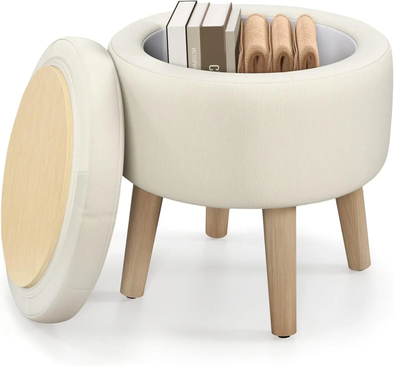 Round Storage Ottoman With Flip-Over Lid, Multifunctional Upholstered Footstool With Solid Rubber Wood Legs, Modern Accent
Round Storage Ottoman With Flip-Over Lid, Multifunctional Upholstered Footstool With Solid Rubber Wood Legs, Modern Accent